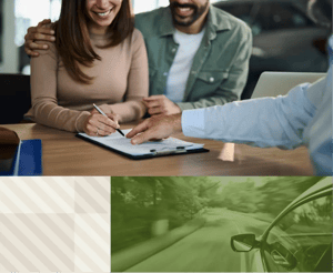 Image collage of people signing vehicle contract and a car driving
