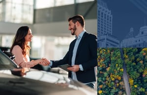 Image collage of people shaking hands at car dealership, Tulsa, OK and a car driving in a forest